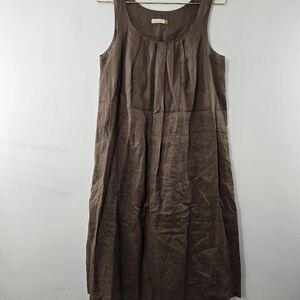 Chalet Linen Sleeveless Dress A-Line Pleated Lined Shift Brown Midi Size S Small